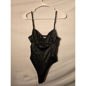 Tic Toc Sexy Thong Shiny Black BodySuit Womens Size Medium M Silky Satiny Junior